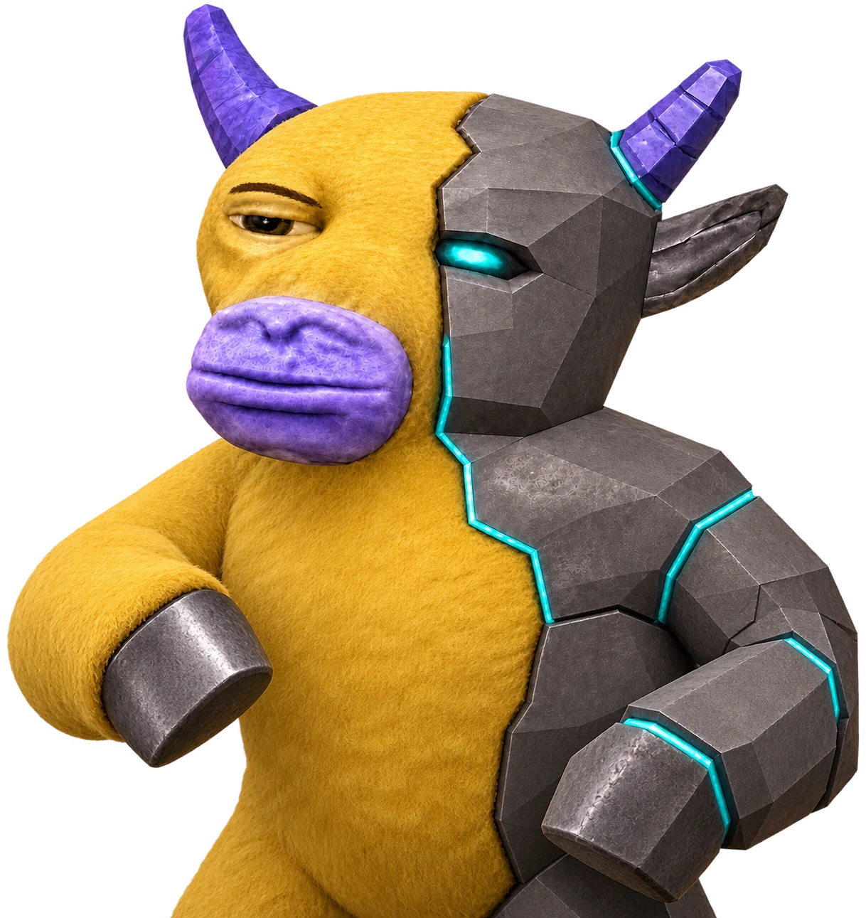 Bull Come, half yellow bull and half armored machine, raises both hooves